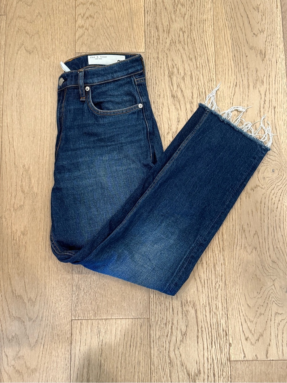 rag & bone Women's Dark Blue Straight Jeans with Frayed Hem